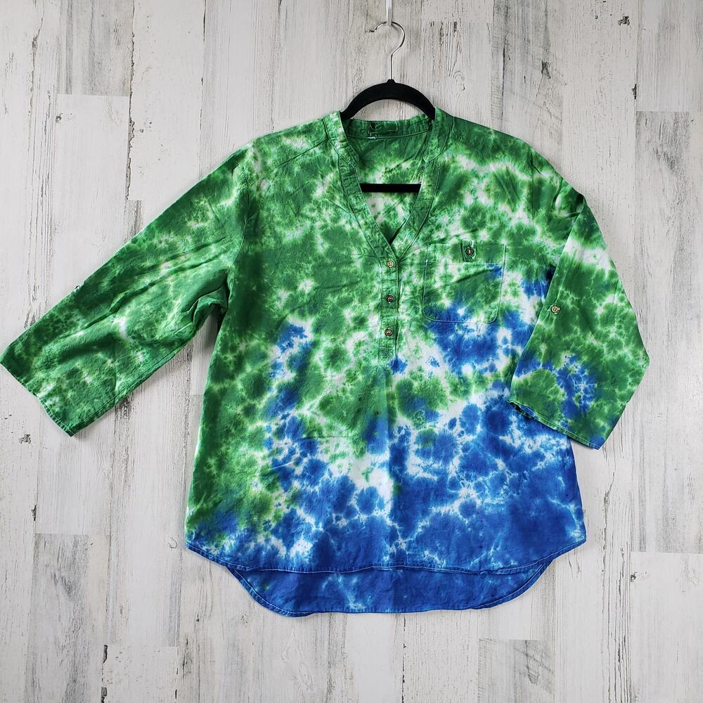 Grand + Greene Quarter Button Green & Blue Crinkle Tie Dye Shirt Size Large